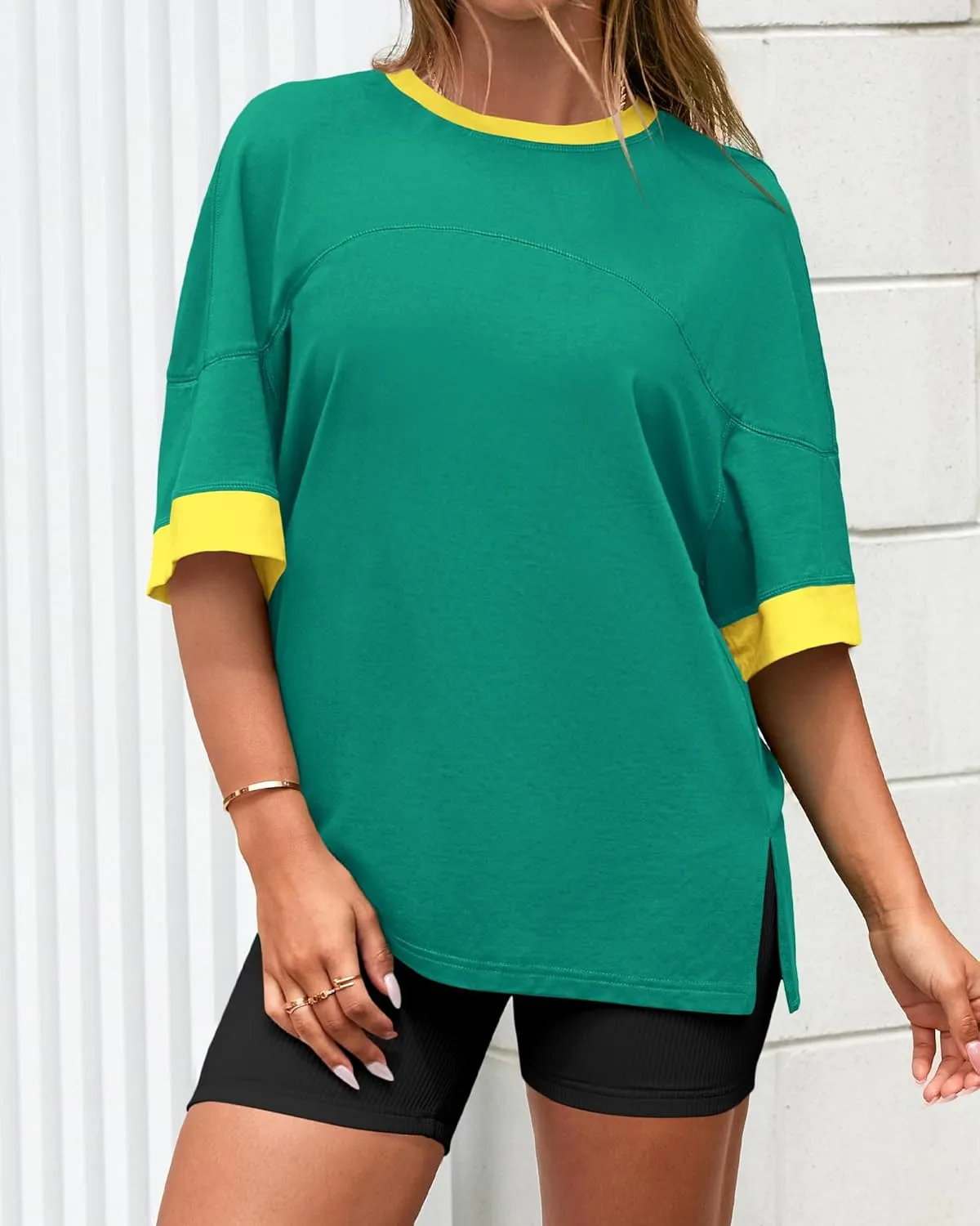 BTFBM Womens Oversized T Shirts Dressy Casual Short Sleeve Summer Tops Crew Neck Color Block Blouse Loose Fit Basic Tee