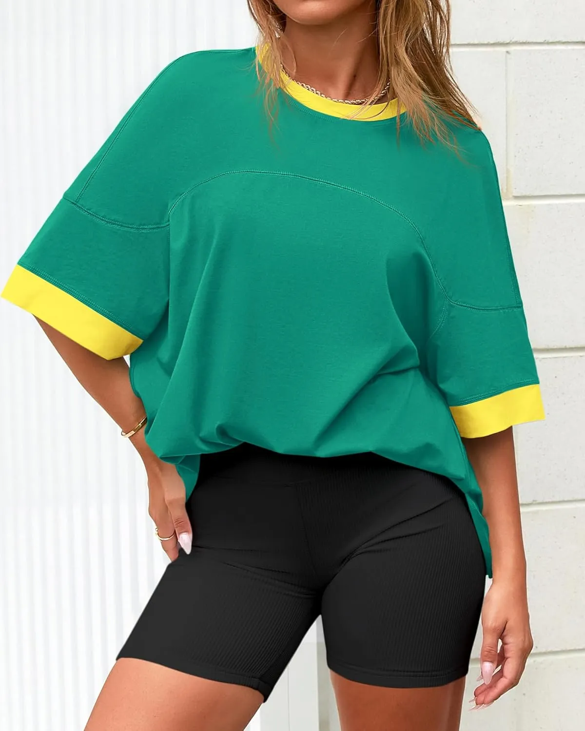 BTFBM Womens Oversized T Shirts Dressy Casual Short Sleeve Summer Tops Crew Neck Color Block Blouse Loose Fit Basic Tee