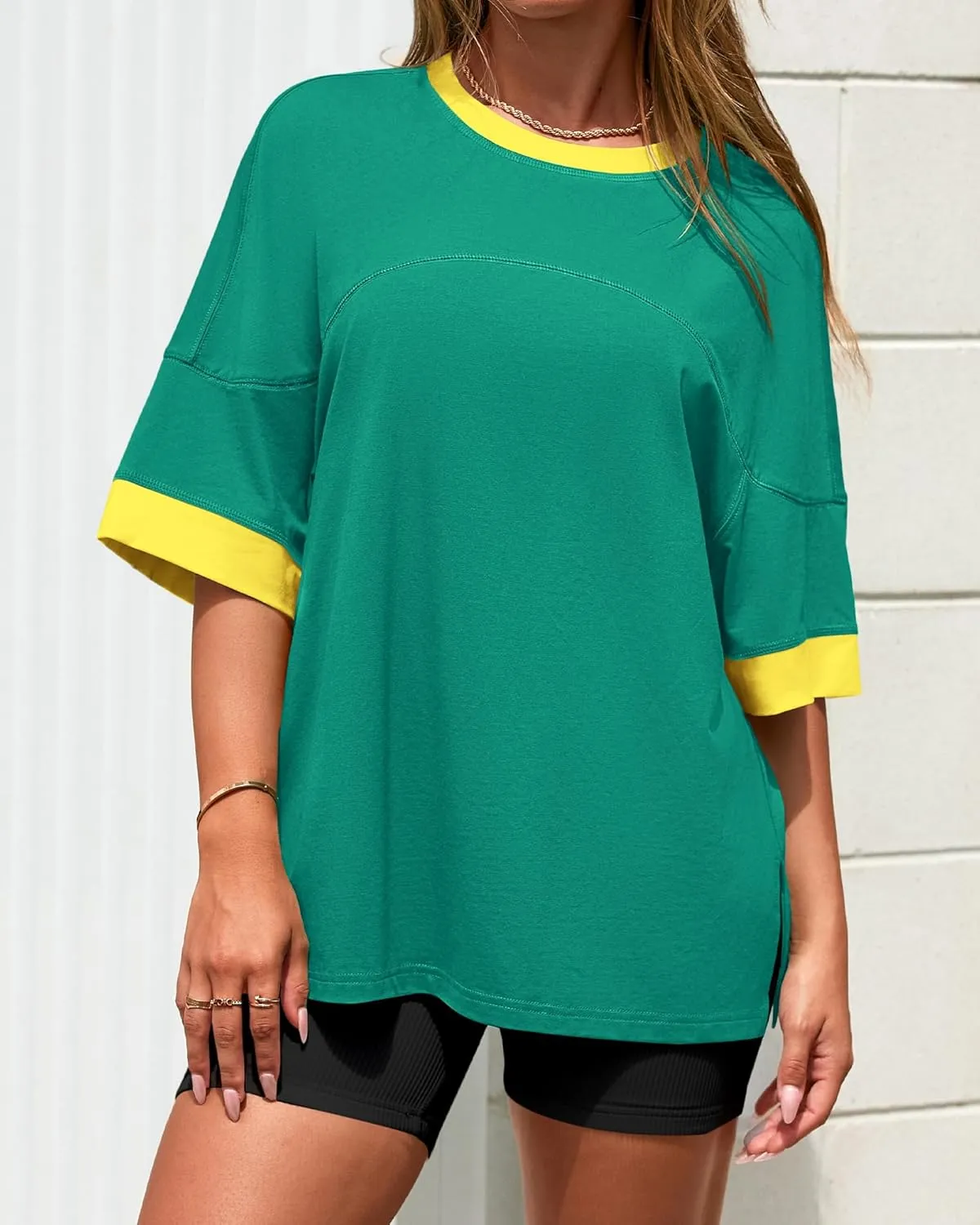 BTFBM Womens Oversized T Shirts Dressy Casual Short Sleeve Summer Tops Crew Neck Color Block Blouse Loose Fit Basic Tee