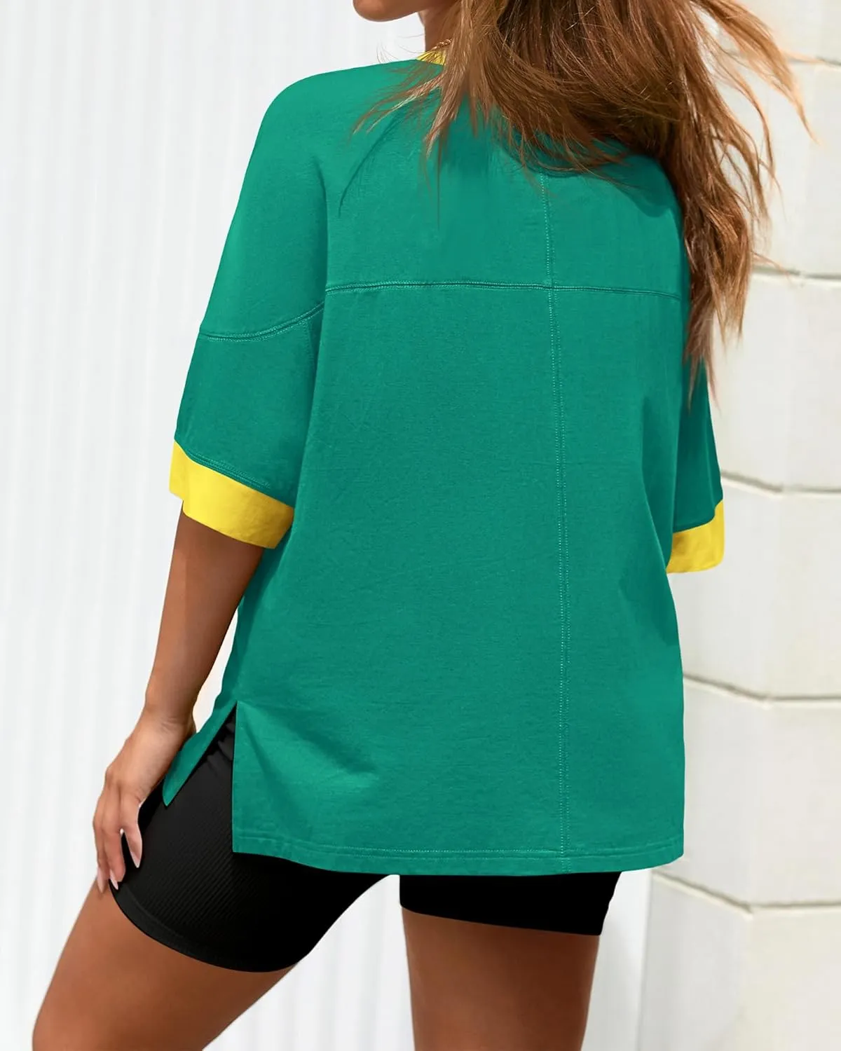 BTFBM Womens Oversized T Shirts Dressy Casual Short Sleeve Summer Tops Crew Neck Color Block Blouse Loose Fit Basic Tee