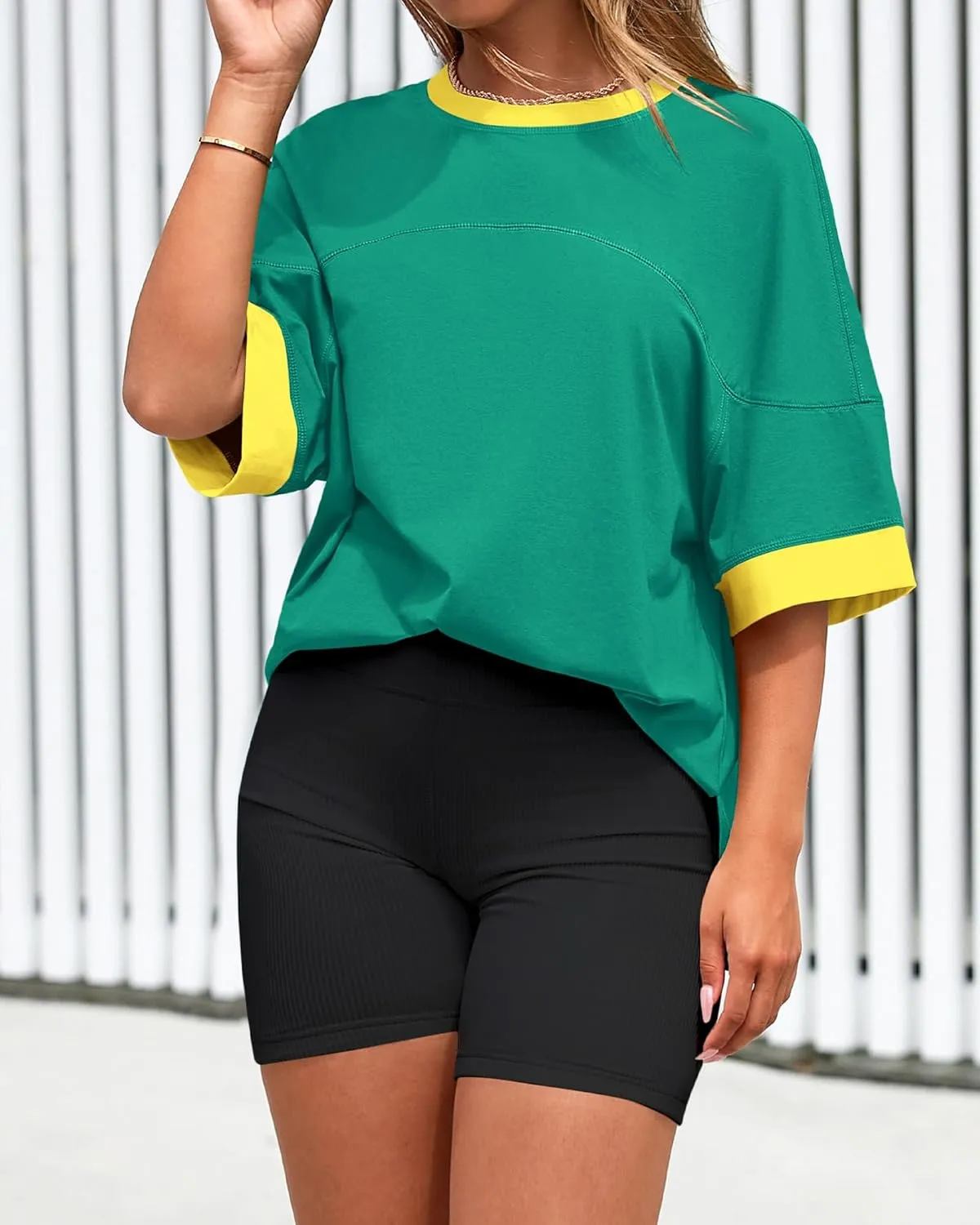 BTFBM Womens Oversized T Shirts Dressy Casual Short Sleeve Summer Tops Crew Neck Color Block Blouse Loose Fit Basic Tee