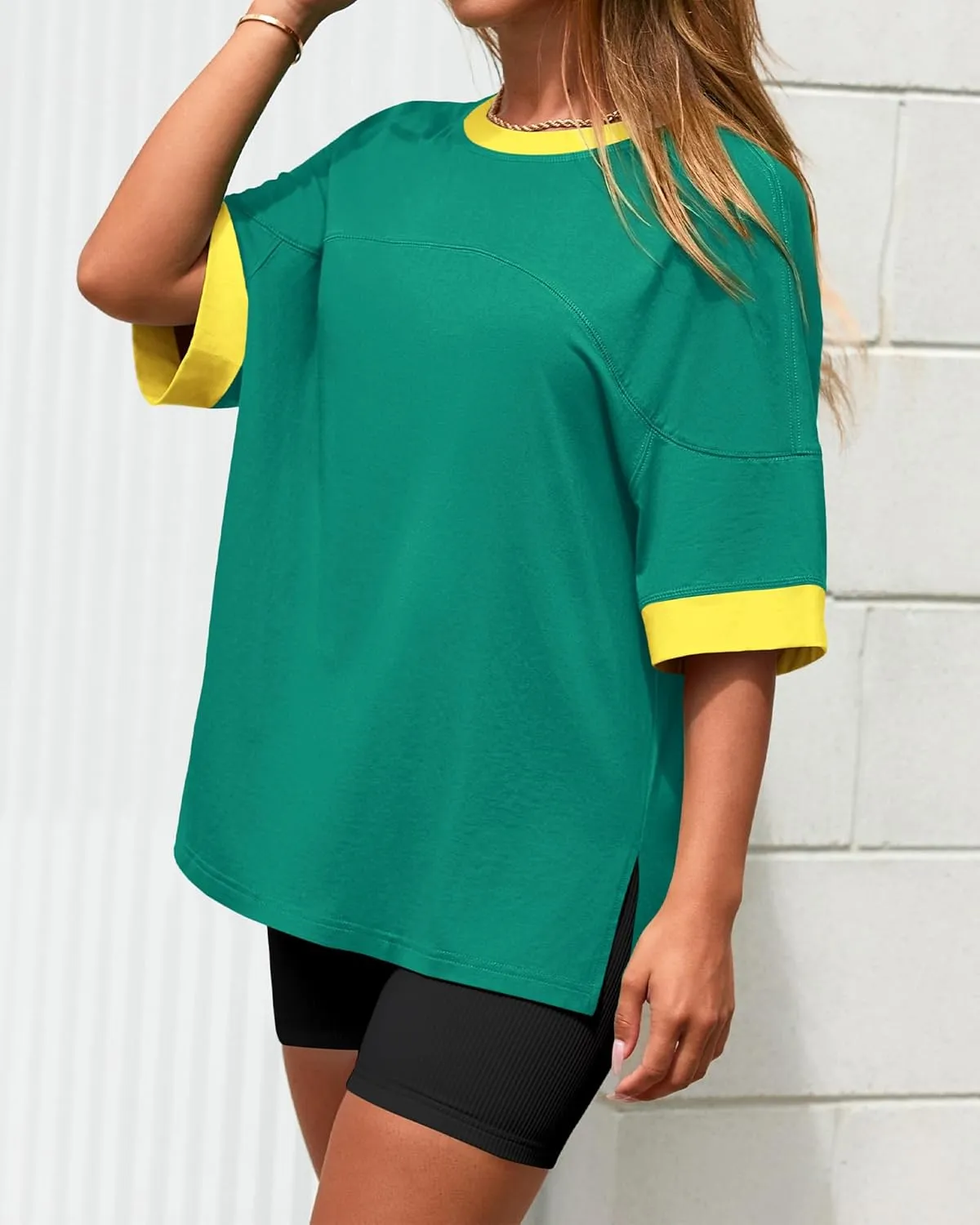 BTFBM Womens Oversized T Shirts Dressy Casual Short Sleeve Summer Tops Crew Neck Color Block Blouse Loose Fit Basic Tee