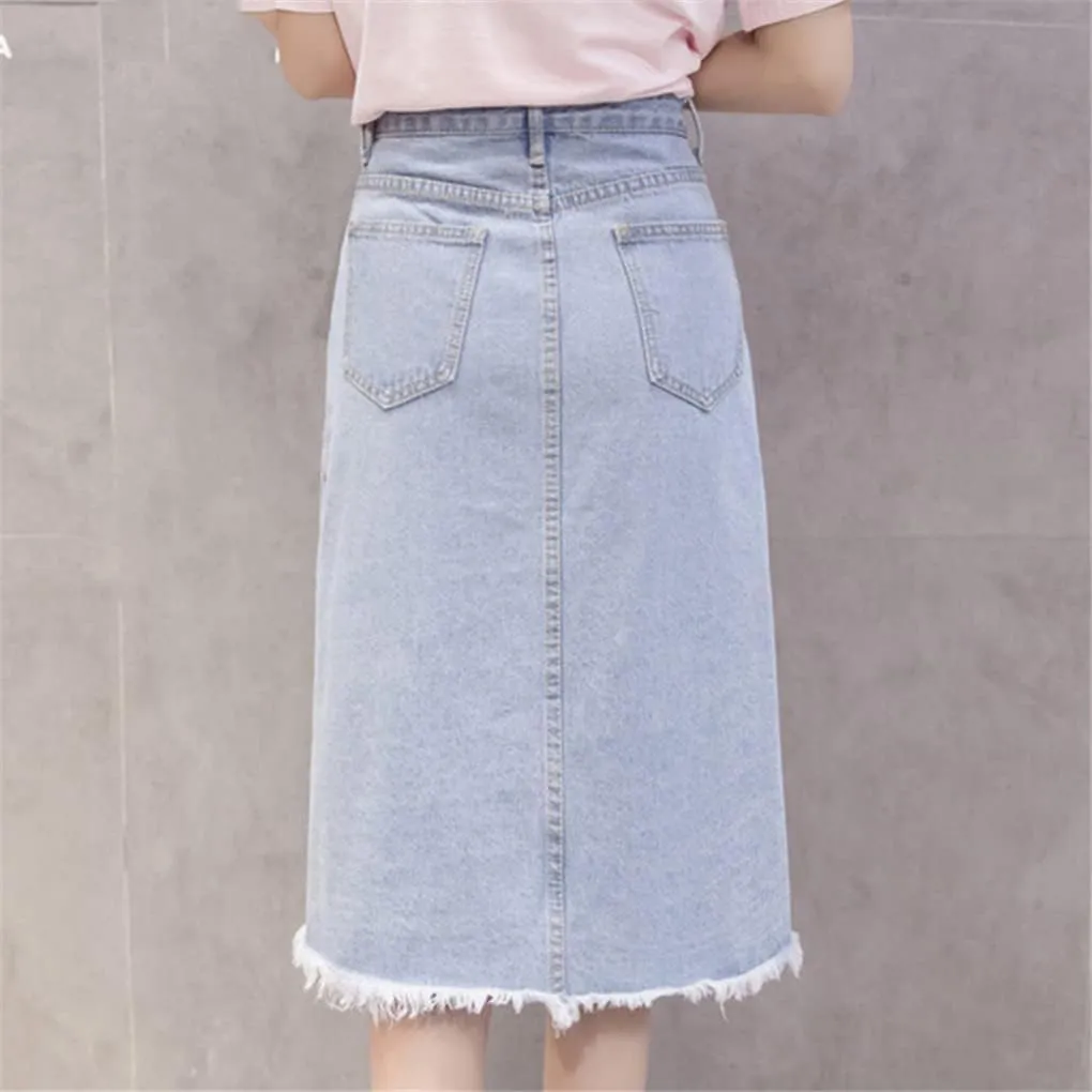 Button Front Midi Denim Skirt for Women Casual High Waist Fray Hem with Pocket Knee Length Cowboy Skirt Female
