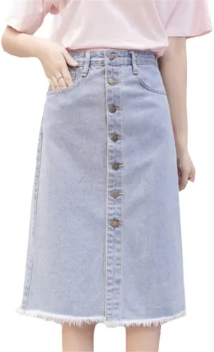 Button Front Midi Denim Skirt for Women Casual High Waist Fray Hem with Pocket Knee Length Cowboy Skirt Female