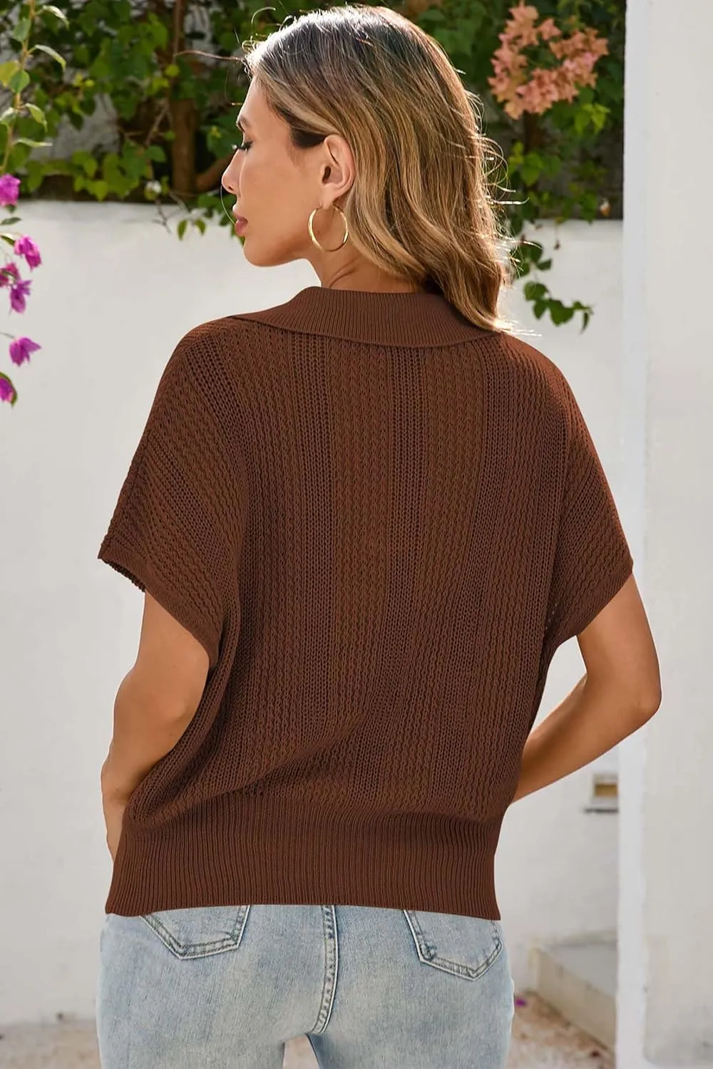 Cakulo Spring Summer Crochet Tops for Women 2025 Crop Knit Short Sleeve Polo V Neck Collared Hollow Out Sweater Top