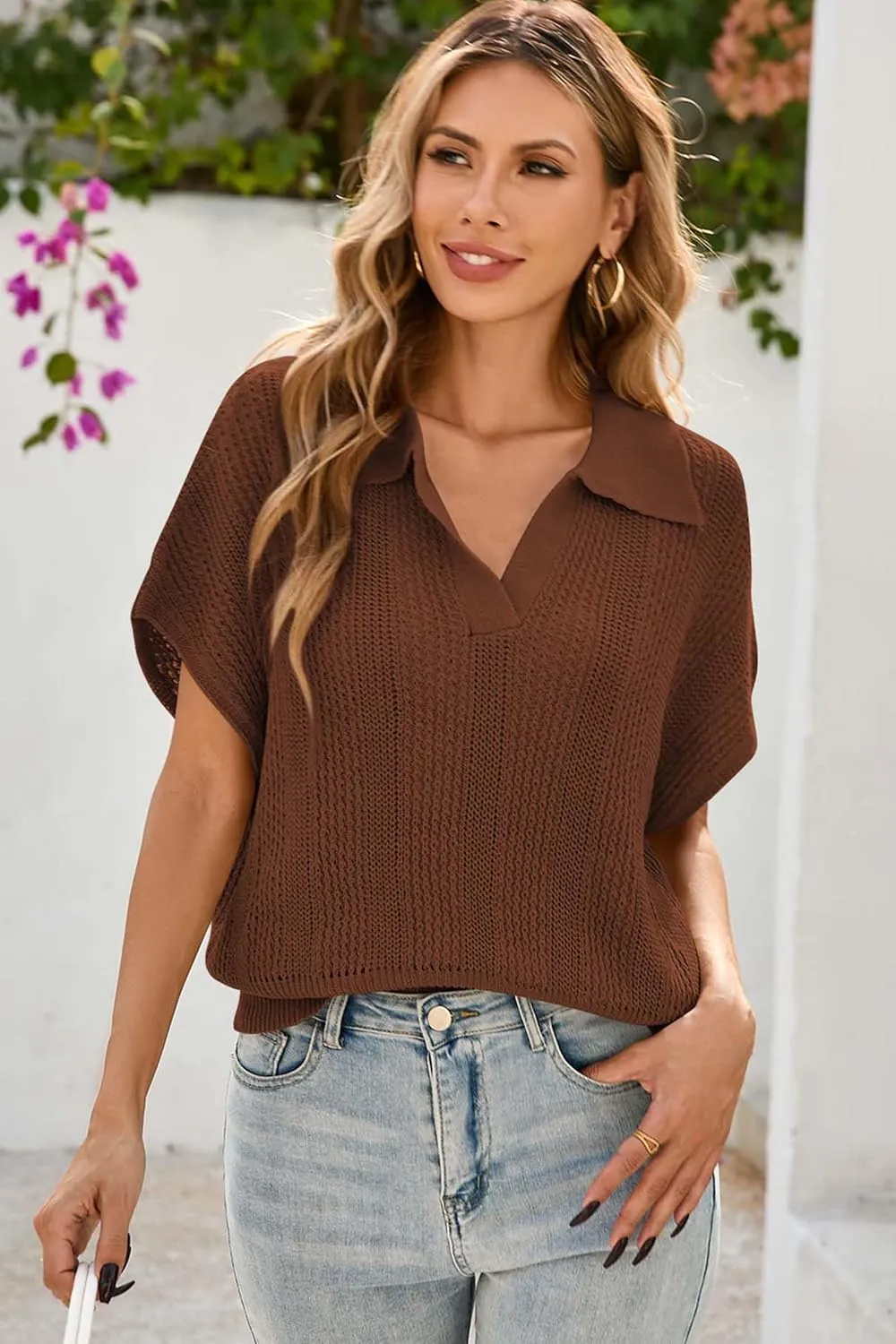 Cakulo Spring Summer Crochet Tops for Women 2025 Crop Knit Short Sleeve Polo V Neck Collared Hollow Out Sweater Top