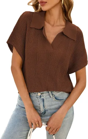 Cakulo Spring Summer Crochet Tops for Women 2025 Crop Knit Short Sleeve Polo V Neck Collared Hollow Out Sweater Top