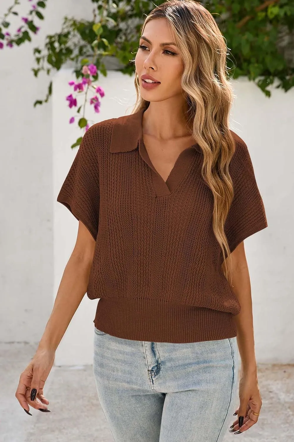 Cakulo Spring Summer Crochet Tops for Women 2025 Crop Knit Short Sleeve Polo V Neck Collared Hollow Out Sweater Top