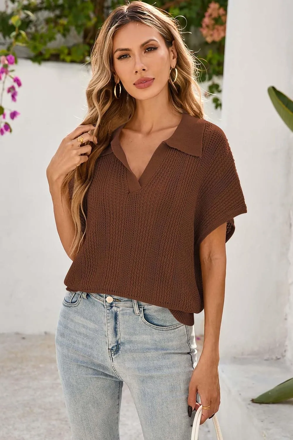 Cakulo Spring Summer Crochet Tops for Women 2025 Crop Knit Short Sleeve Polo V Neck Collared Hollow Out Sweater Top