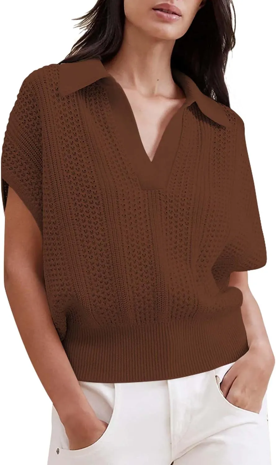 Cakulo Spring Summer Crochet Tops for Women 2025 Crop Knit Short Sleeve Polo V Neck Collared Hollow Out Sweater Top