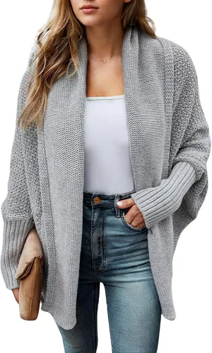 Cardigan Sweaters for Women Open Front Batwing Long Sleeve Shawl Neck Chunky Knit Loose Outwear Coats