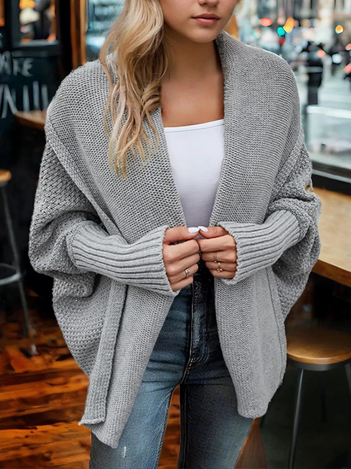 Cardigan Sweaters for Women Open Front Batwing Long Sleeve Shawl Neck Chunky Knit Loose Outwear Coats