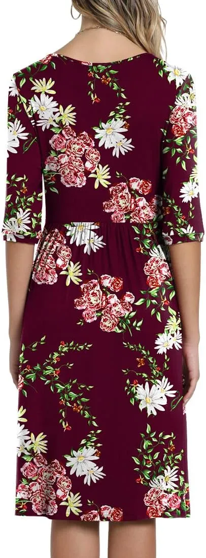 CATHY Women's 3/4 Sleeve 2025 Casual High Waist Round Neck Midi Dress with Pockets