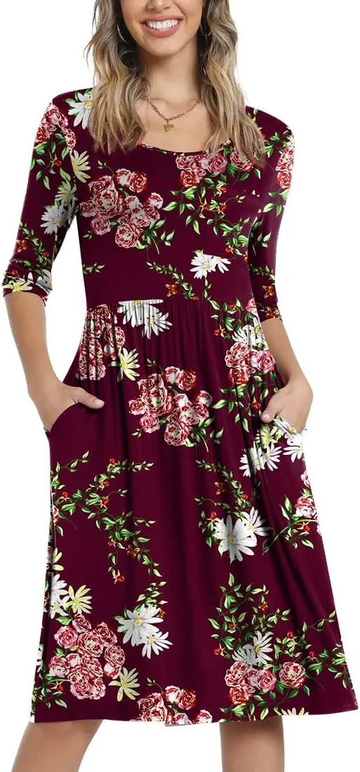 CATHY Women's 3/4 Sleeve 2025 Casual High Waist Round Neck Midi Dress with Pockets