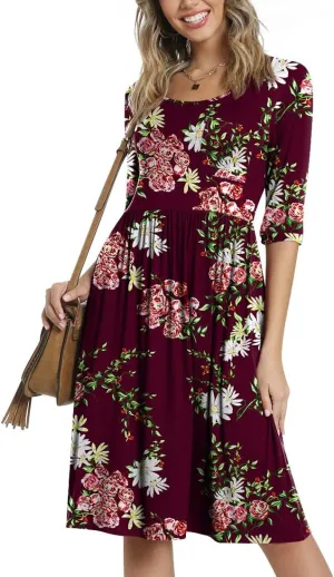 CATHY Women's 3/4 Sleeve 2025 Casual High Waist Round Neck Midi Dress with Pockets