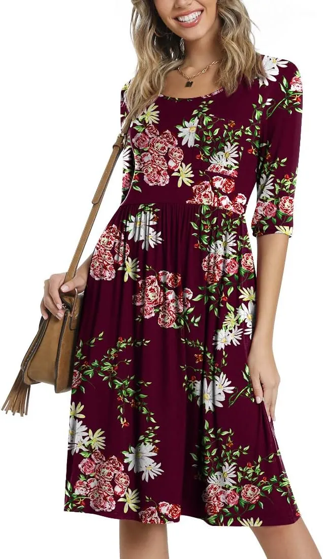 CATHY Women's 3/4 Sleeve 2025 Casual High Waist Round Neck Midi Dress with Pockets