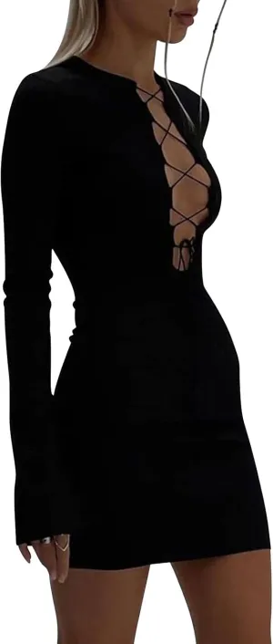 ccisppal Women Sexy Bodycon Dress Long Sleeve Cut Out Cocktail Evening Party Elegant Mini Dresses