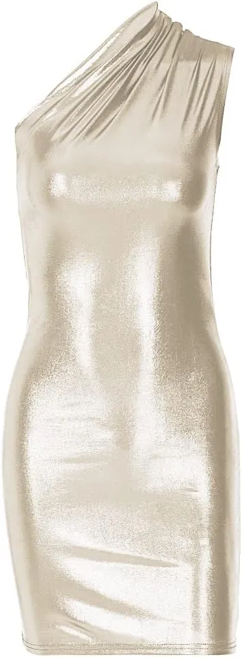 ccisppal Womens One Shoulder Shiny Ruched Bodycon Cocktail Sleeveless Metallic Dress Party Wedding Summer Dresses 2023