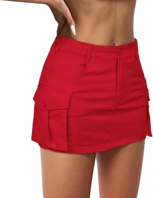 Century Star Womens Y2k Low Waist Mini Cargo Denim Skirt Button Bodycon with Pocket