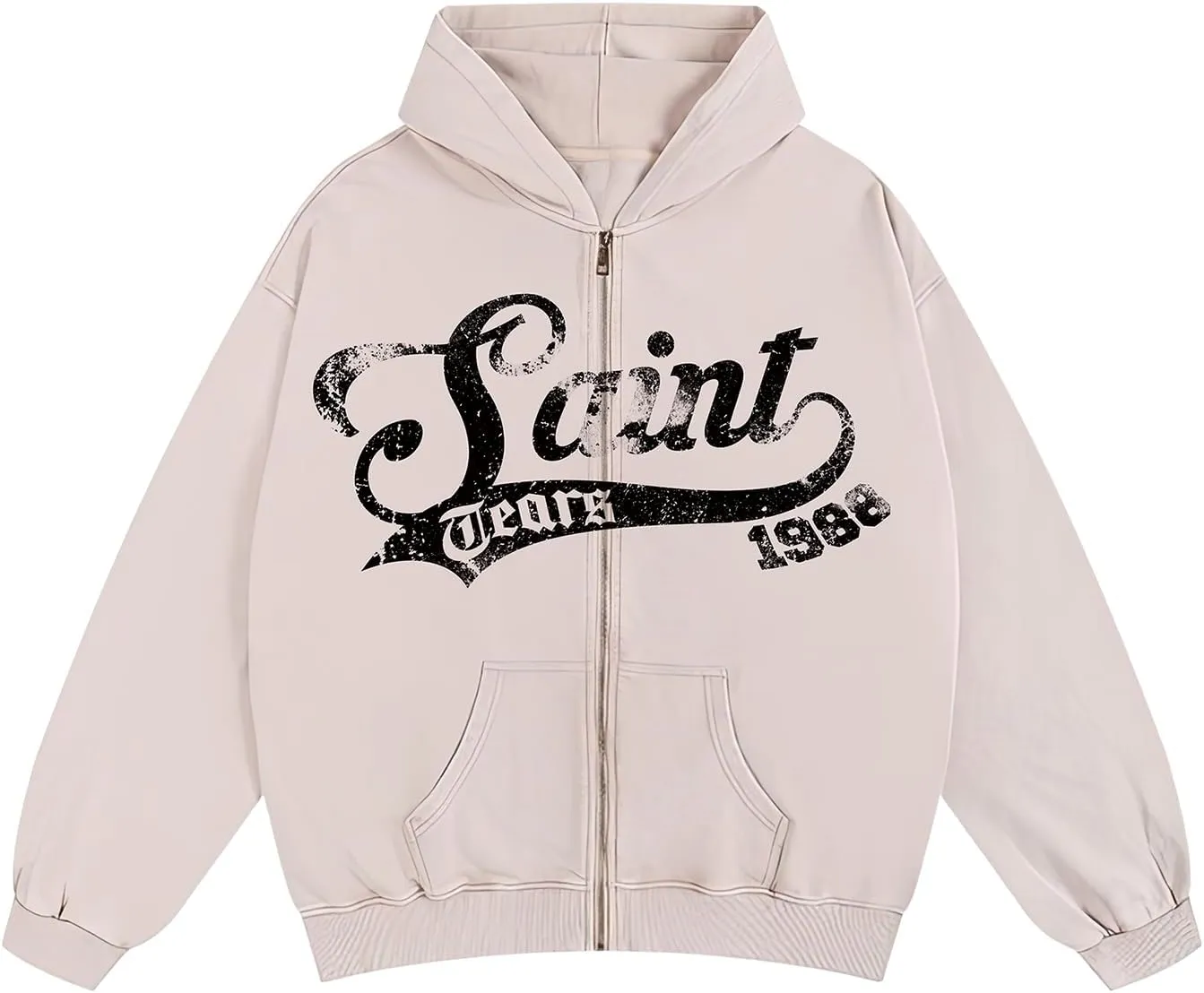 Chainsaw Man Mens Streetwear Zip Up Hoodie Saint Graphic Long Sleeve Jacket with Pockets Casual Letter Print Sweatshirt