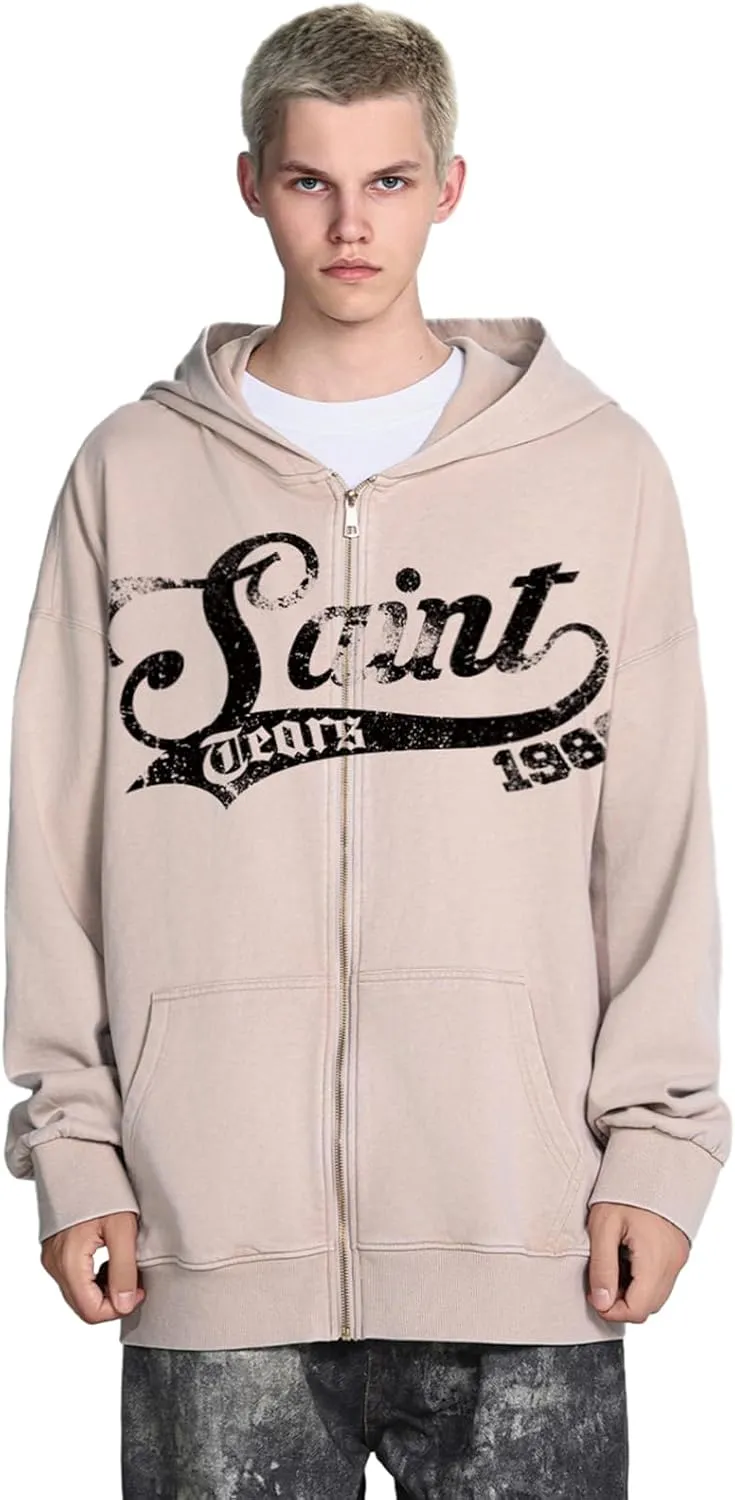 Chainsaw Man Mens Streetwear Zip Up Hoodie Saint Graphic Long Sleeve Jacket with Pockets Casual Letter Print Sweatshirt