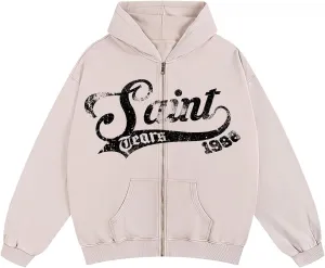 Chainsaw Man Mens Streetwear Zip Up Hoodie Saint Graphic Long Sleeve Jacket with Pockets Casual Letter Print Sweatshirt