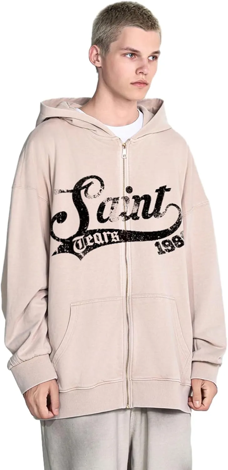 Chainsaw Man Mens Streetwear Zip Up Hoodie Saint Graphic Long Sleeve Jacket with Pockets Casual Letter Print Sweatshirt