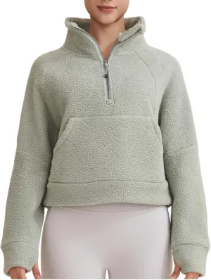 CHARTOU Womens Half Zip Up Fleece Pullover Sweatshirt Loose Cropped Sherpa Jacket Stand Collar Faux Fur Coat