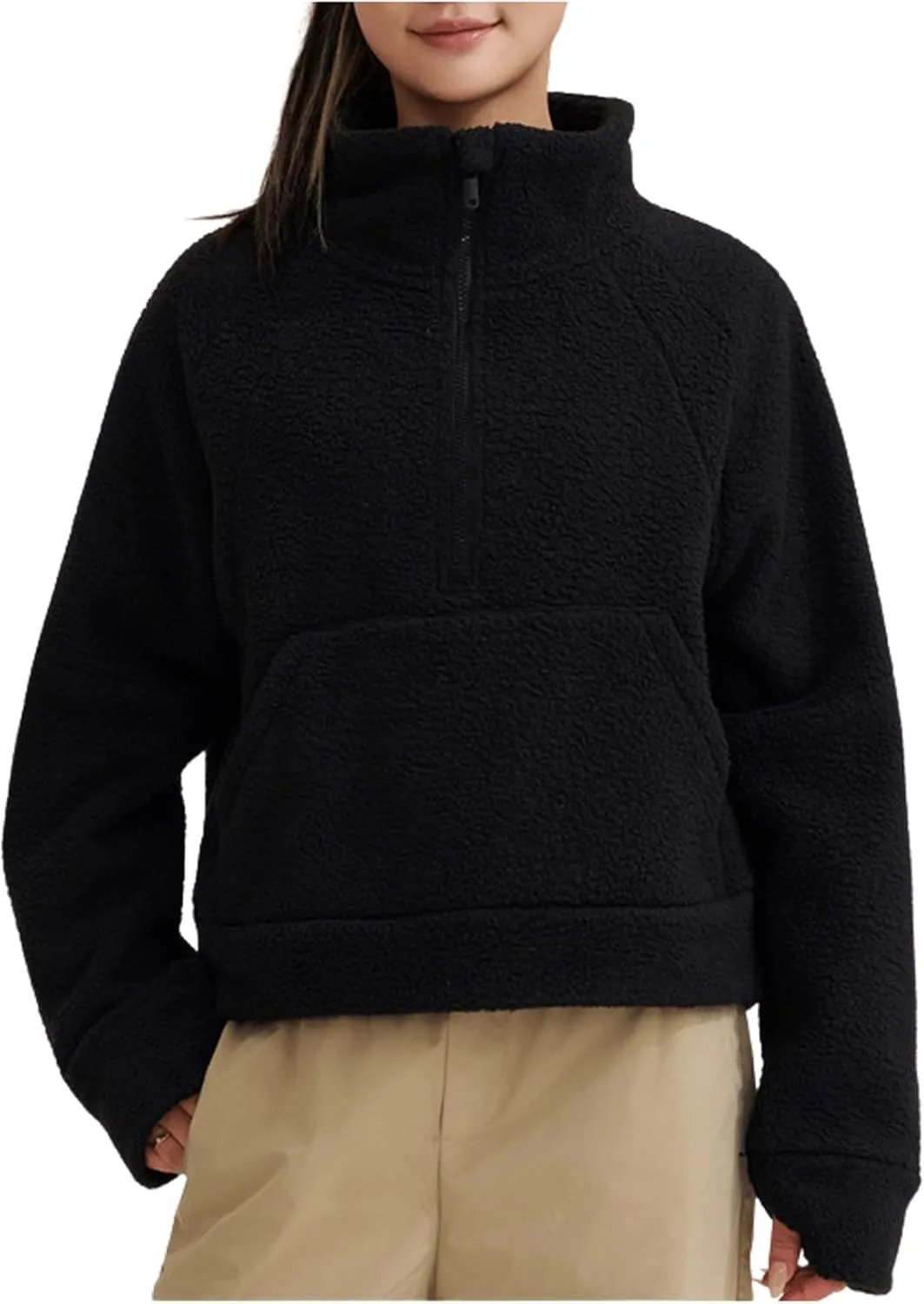 CHARTOU Womens Half Zip Up Fleece Pullover Sweatshirt Loose Cropped Sherpa Jacket Stand Collar Faux Fur Coat