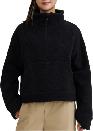 CHARTOU Womens Half Zip Up Fleece Pullover Sweatshirt Loose Cropped Sherpa Jacket Stand Collar Faux Fur Coat