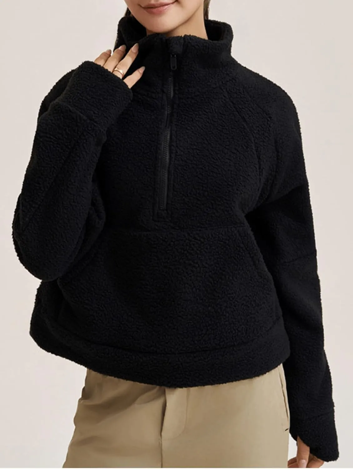 CHARTOU Womens Half Zip Up Fleece Pullover Sweatshirt Loose Cropped Sherpa Jacket Stand Collar Faux Fur Coat