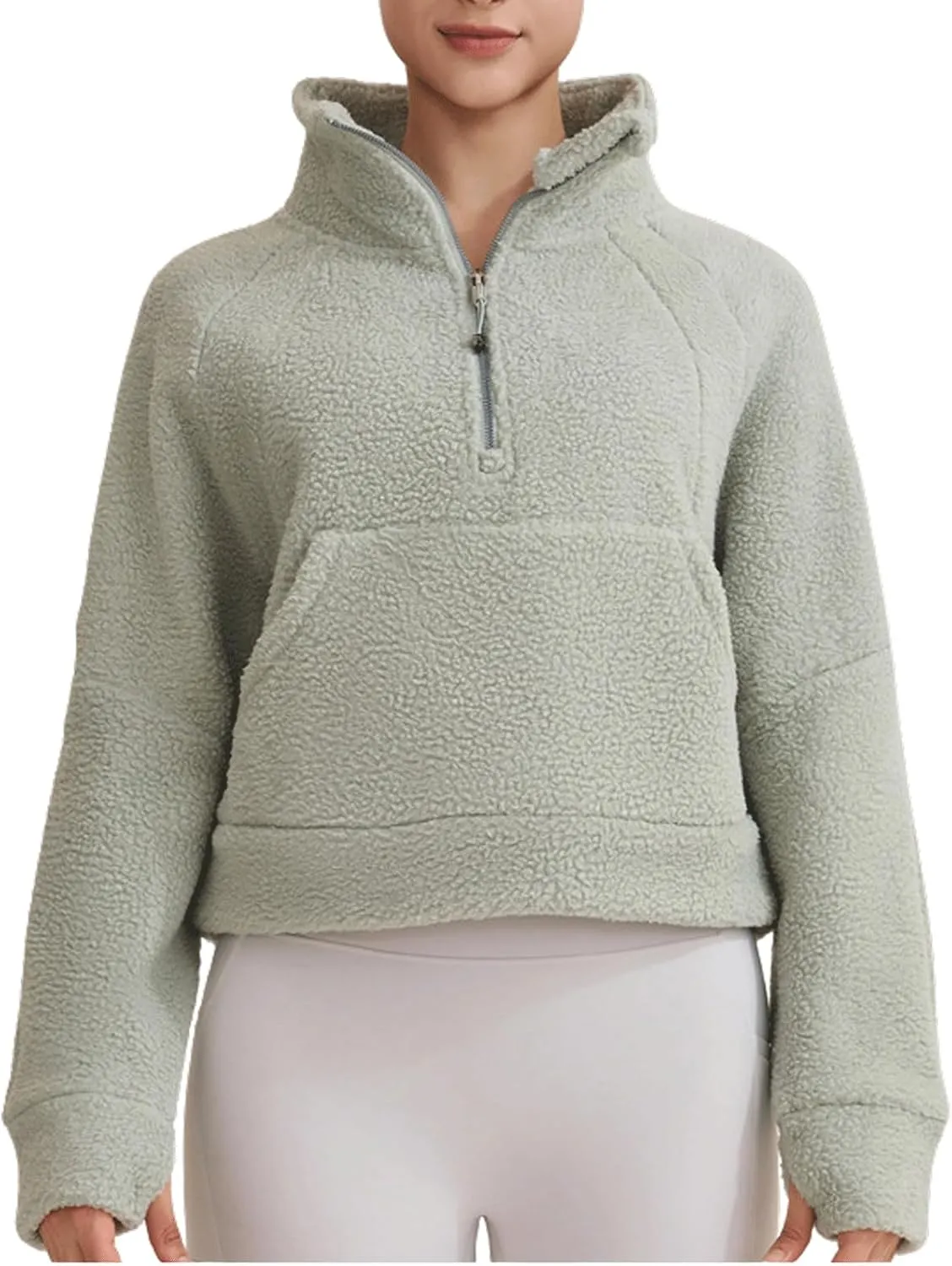 CHARTOU Womens Half Zip Up Fleece Pullover Sweatshirt Loose Cropped Sherpa Jacket Stand Collar Faux Fur Coat