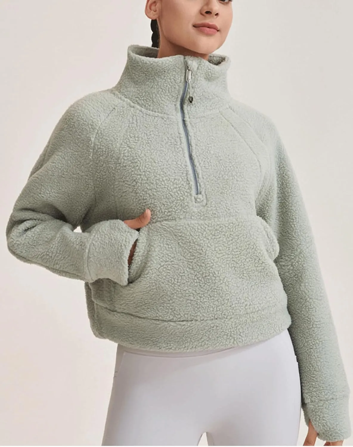 CHARTOU Womens Half Zip Up Fleece Pullover Sweatshirt Loose Cropped Sherpa Jacket Stand Collar Faux Fur Coat