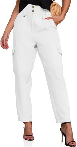Cicy Bell Womens High Waisted Cargo Pants Casual Button Down Straight Leg Trousers with Pockets