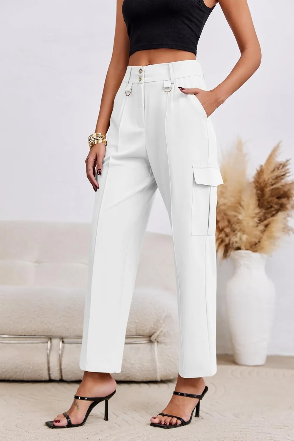 Cicy Bell Womens High Waisted Cargo Pants Casual Button Down Straight Leg Trousers with Pockets