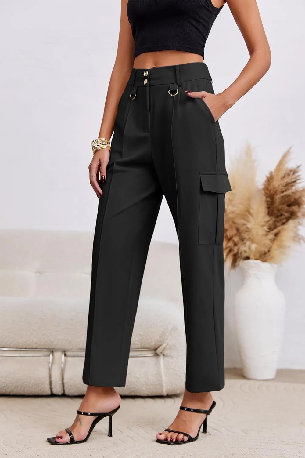 Cicy Bell Womens High Waisted Cargo Pants Casual Button Down Straight Leg Trousers with Pockets