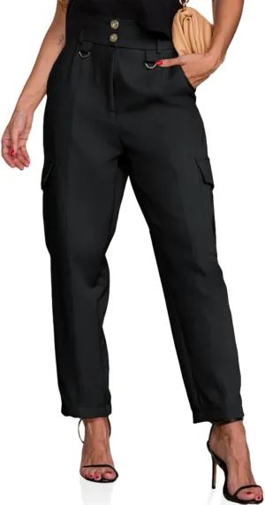 Cicy Bell Womens High Waisted Cargo Pants Casual Button Down Straight Leg Trousers with Pockets