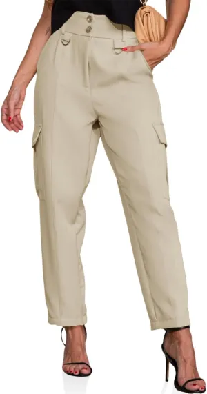 Cicy Bell Womens High Waisted Cargo Pants Casual Button Down Straight Leg Trousers with Pockets