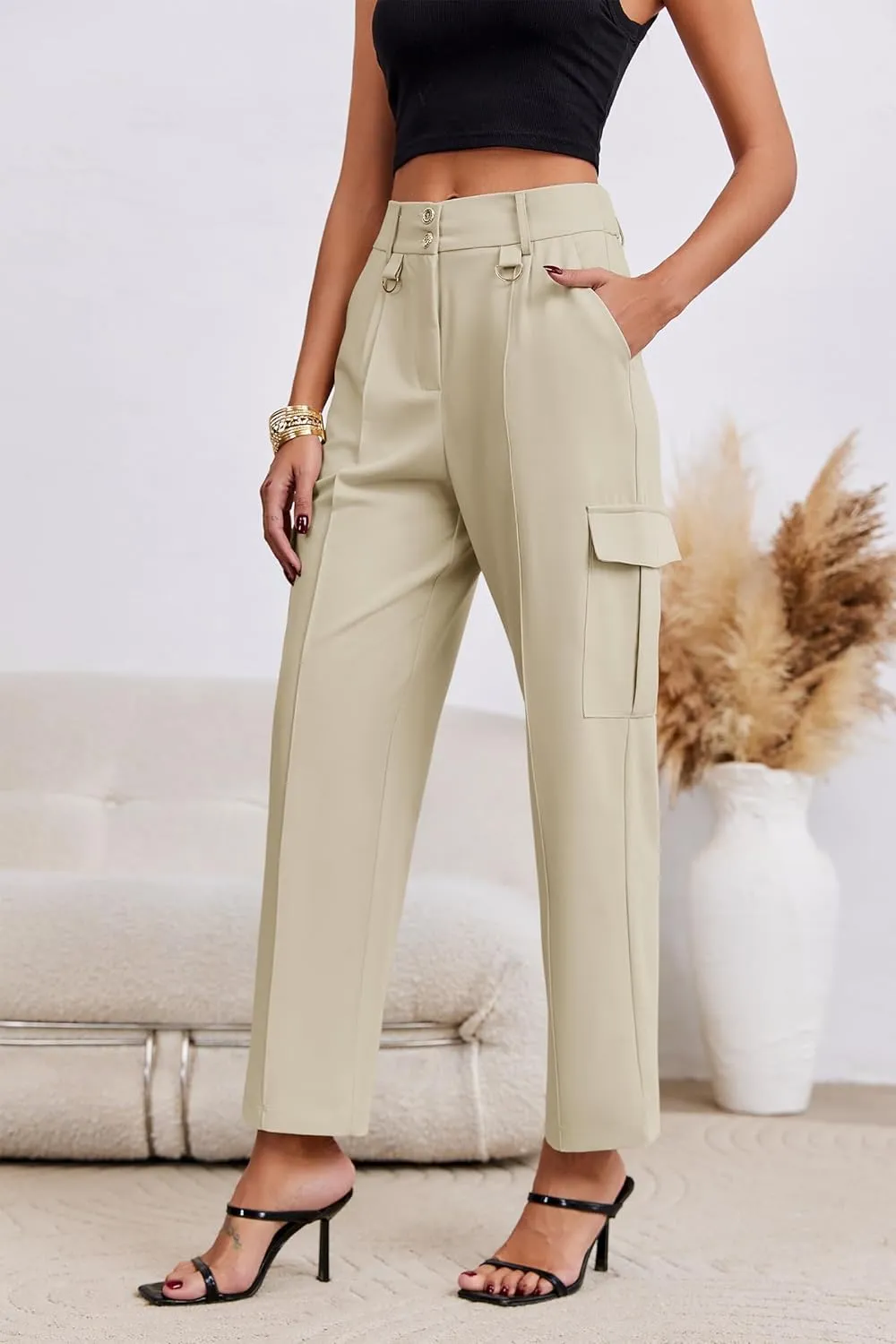 Cicy Bell Womens High Waisted Cargo Pants Casual Button Down Straight Leg Trousers with Pockets