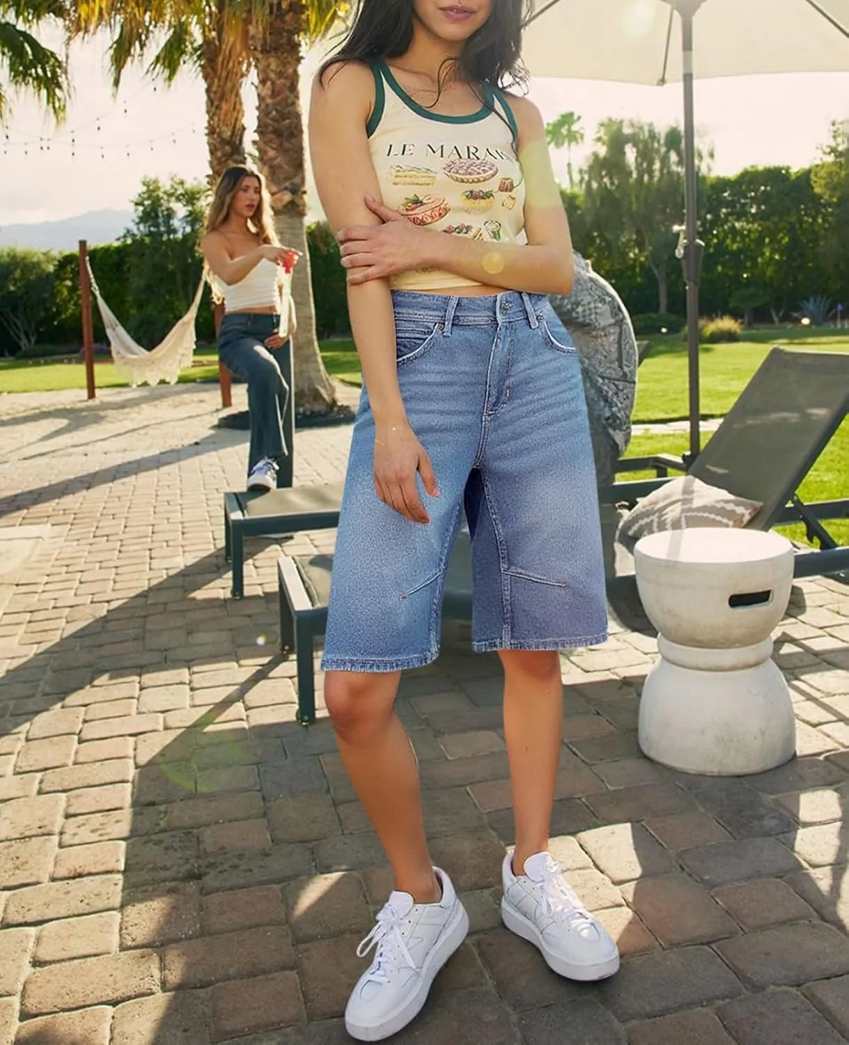 Cicy Bell Womens Summer Wide Leg Denim Shorts Casual Loose Mid Rise Jorts Bermuda Knee Length Jeans Shorts