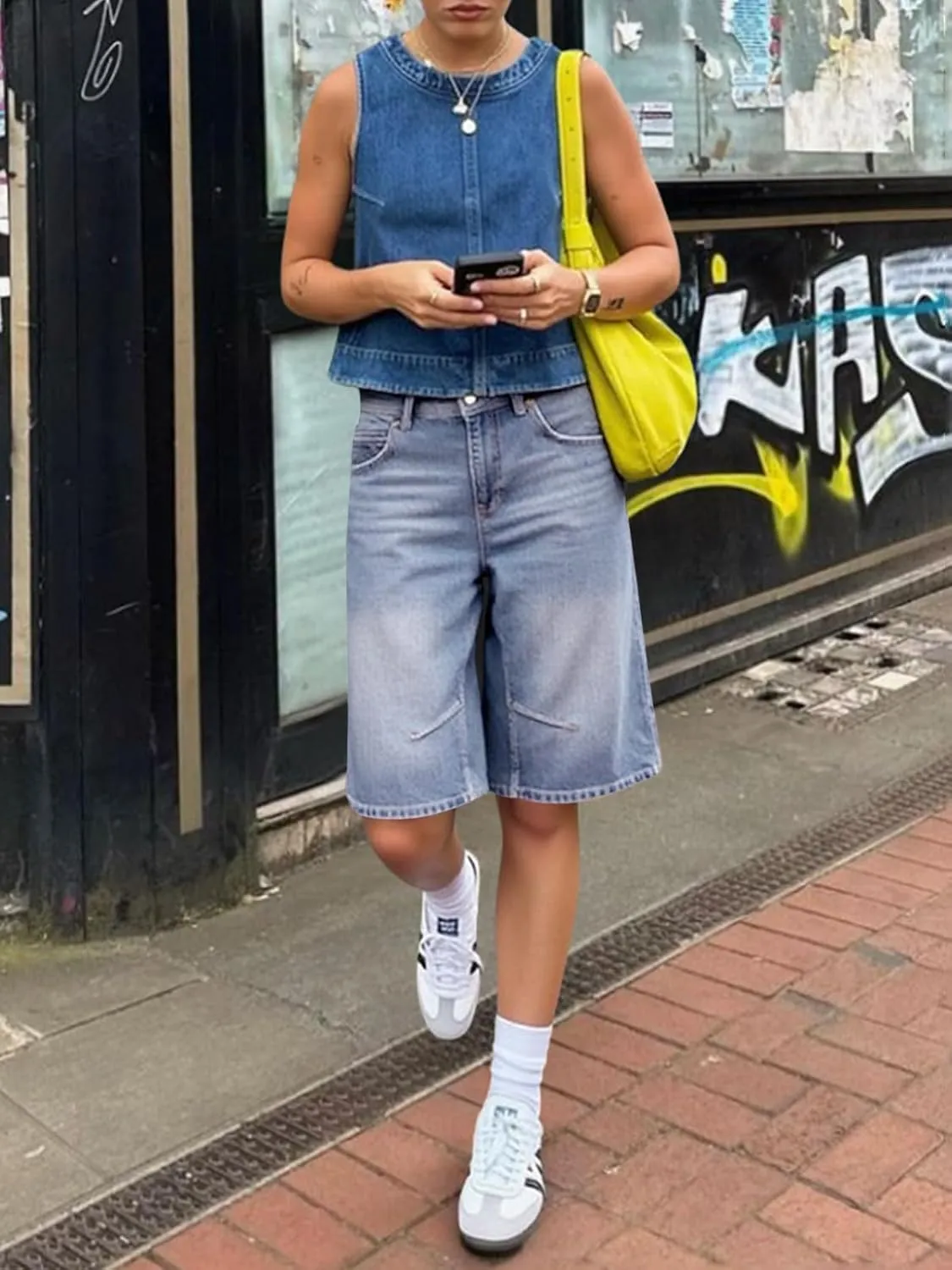 Cicy Bell Womens Summer Wide Leg Denim Shorts Casual Loose Mid Rise Jorts Bermuda Knee Length Jeans Shorts