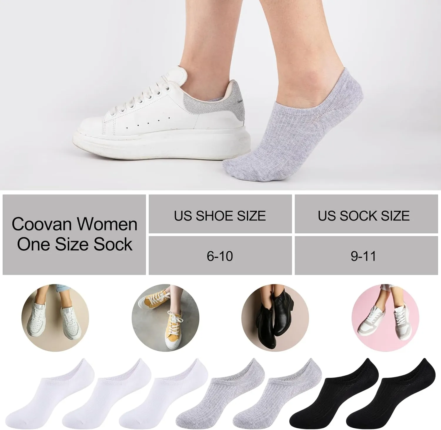 COOVAN Womens No Show Socks 7 Pack Cotton Low Cut Anti-slid Invisible Short Ankle Socks with Non Slip Grip