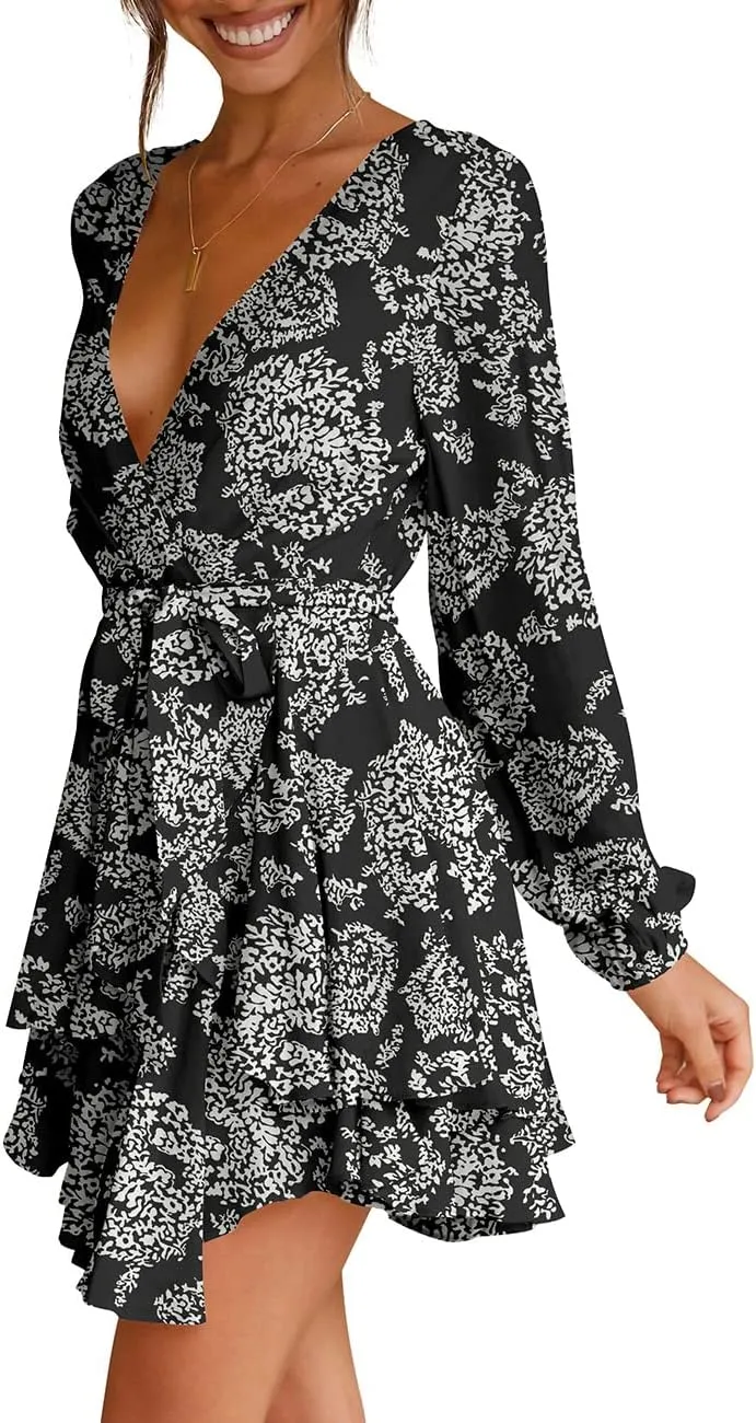 Cosonsen Women's Dress Deep V-Neck Long Sleeve Waist Tie Ruffle Mini Swing Skater Dresses