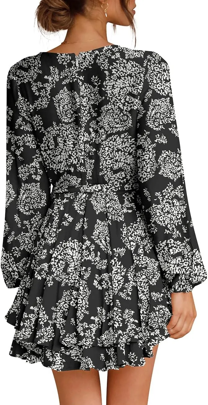 Cosonsen Women's Dress Deep V-Neck Long Sleeve Waist Tie Ruffle Mini Swing Skater Dresses