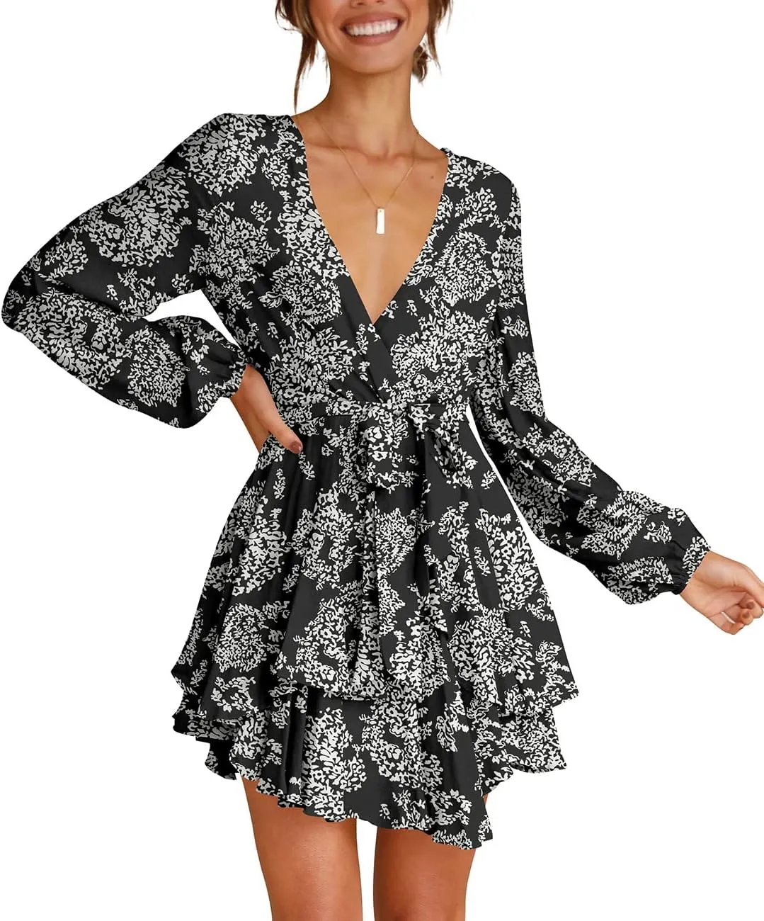 Cosonsen Women's Dress Deep V-Neck Long Sleeve Waist Tie Ruffle Mini Swing Skater Dresses