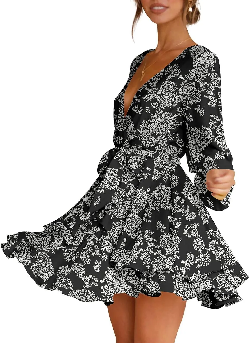 Cosonsen Women's Dress Deep V-Neck Long Sleeve Waist Tie Ruffle Mini Swing Skater Dresses