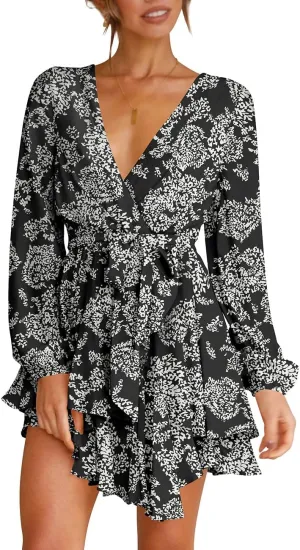 Cosonsen Women's Dress Deep V-Neck Long Sleeve Waist Tie Ruffle Mini Swing Skater Dresses