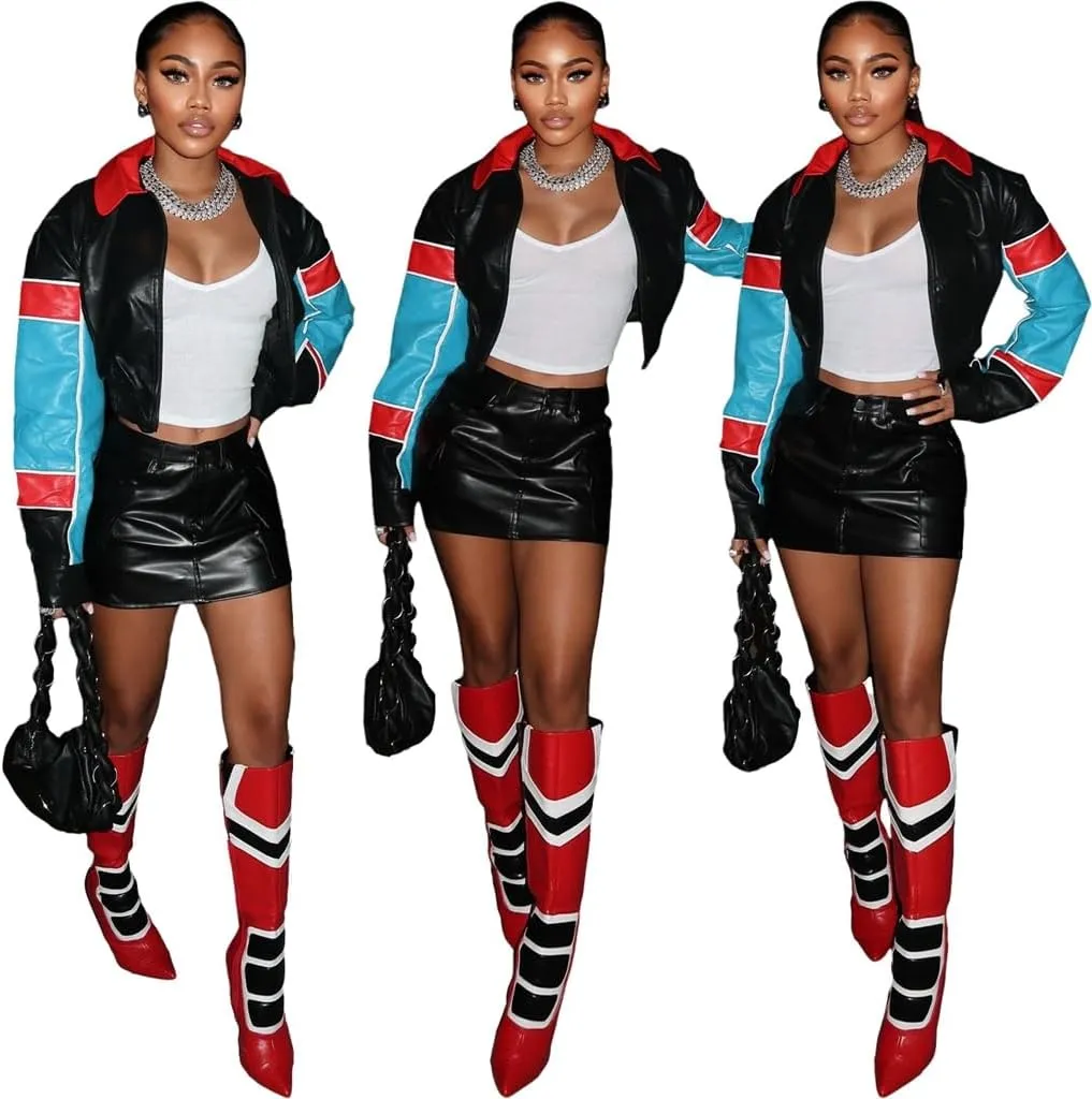 Cropped Bomber Jacket Women Leather Moto Jacket Lapel Zip Up Biker Jacket for Women Trendy 2024