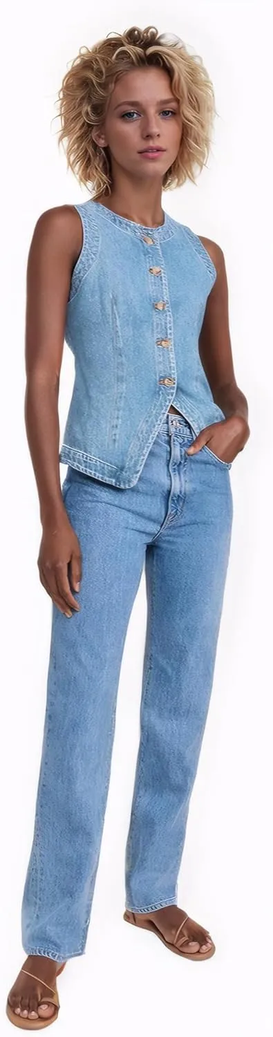 D-Sun Women Denim Vest Sleeveless Crewneck Button Down Jean Waistcoat Casual Front Slit Slim Denim Tank Top