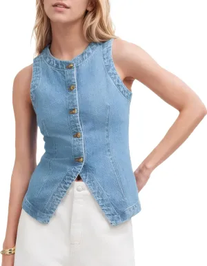 D-Sun Women Denim Vest Sleeveless Crewneck Button Down Jean Waistcoat Casual Front Slit Slim Denim Tank Top